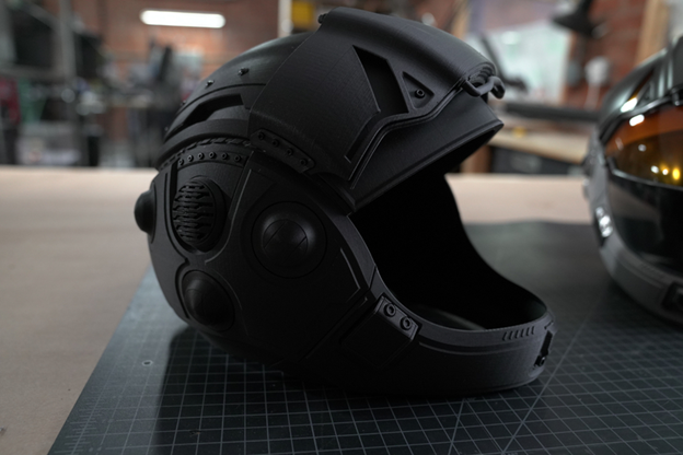 Finished and assembled prop helmet printed on the Mark Two