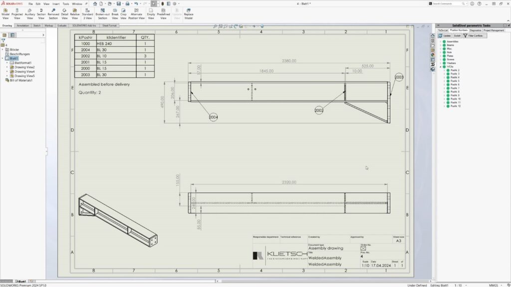 SolidSteel parametric interface with an engineering drawing of a mechanical part