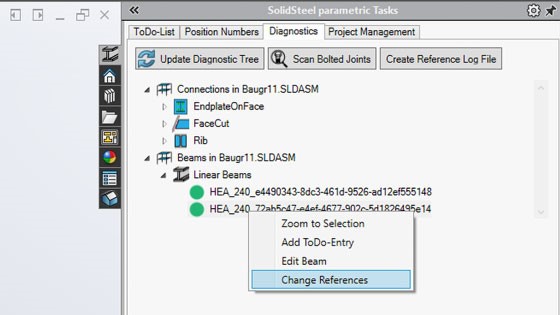 SolidSteel parametric Diagnostics tab displaying new menu options