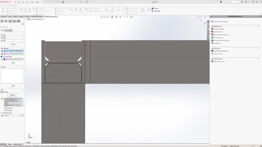 Holes and bolted connections positioned using hole sketches in SolidSteel