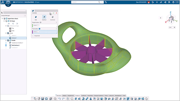 Apple slicer modeled in xShape on the 3DEXPERIENCE platform featuring complex geometries