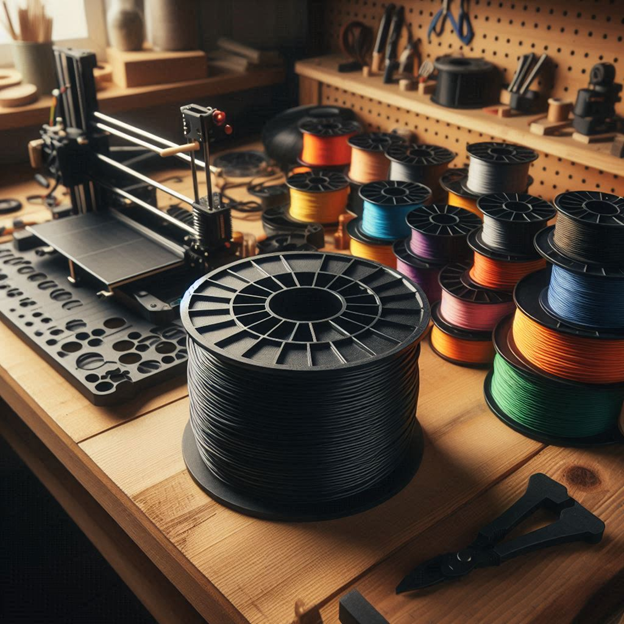 Colorful spools of 3D printing filament on a cluttered work bench