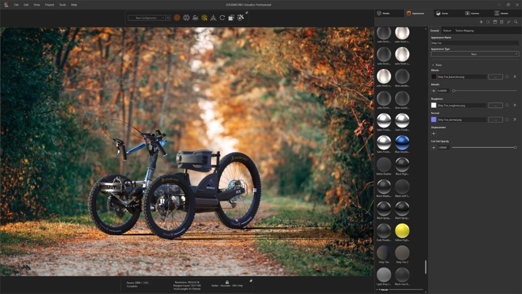 SOLIDWORKS Visualize interface screenshot with a focus on a bicycle standing on a dirt path