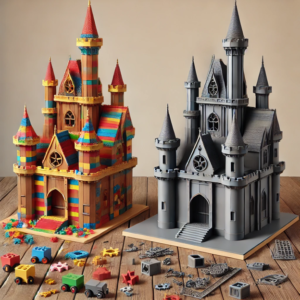 A toy castle made of multiple plastic pieces next to a 3D printed toy castle