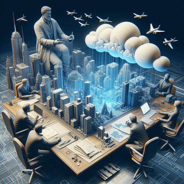 Grey-suited figures seated around a large table with science fiction inspired 3D architectural plans