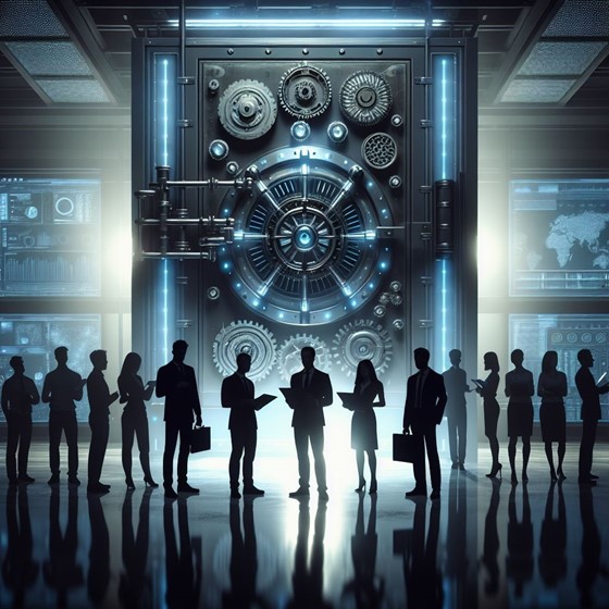 A group of silhouetted engineers stands in front of a large digital vault with an impressive lock.