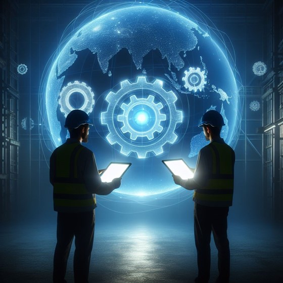 Silhouettes of two engineers holding tablets that project a hologram of a gear, standing in front of a large, glowing blue globe.