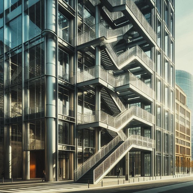 A steel staircase on the outside of a modern city building.