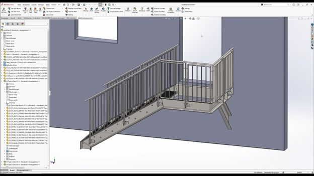 SolidSteel parametric software screenshot of a steel staircase.