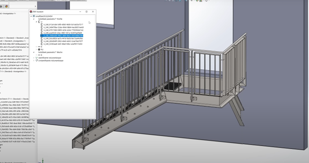 DSTV Assistant window open and generating NC files for a steel staircase design in SOLIDWORKS.