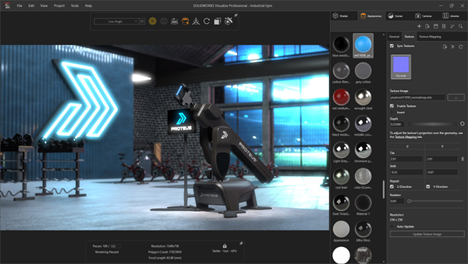 SOLIDWORKS Visualize Professional showing a rendered scene of the Proteus machine in an industrial gym setting.