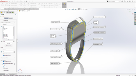 SOLIDWORKS interface showcasing a 3D model with a highlighted variable fillet feature applied to the edges. The variable radius parameters are displayed with annotations alongside the feature's settings panel on the left.