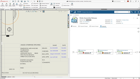 The SOLIDWORKS interface displaying an engineering drawing detailing dimensions, tolerances, and approvals. The 3DEXPERIENCE panel on the right showcases the ENOVIA Change Execution process, outlining the approval workflow stages.