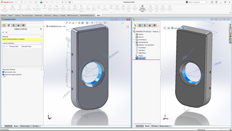 A part file in two views. The left panel features export settings for publishing to STEP242 format, highlighting options like 'Split by surface faces' and 'Export face/edge properties.' The right panel shows the part's geometry with annotations and reference dimensions.