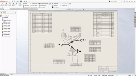 An electrical schematic drawing with connector tables, a bill of materials, and circuit summaries. The detailed layout includes a central wiring diagram, branching connections, and labeled tables providing precise electrical and component data for assembly.