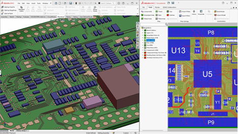 A detailed 3D PCB assembly showcasing components, traces, and vias. The right panel displays a zoomed-in 2D view of the PCB layout, highlighting electrical connections, components, and routing paths with color-coded layers.