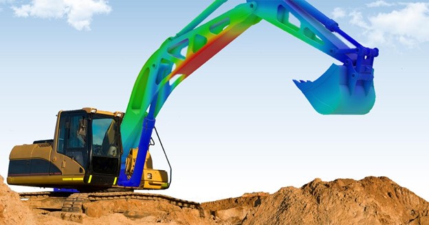 Simulation analysis of an excavator arm in SOLIDWORKS, displaying stress and deformation results on a vibrant 3D model in a realistic outdoor environment.