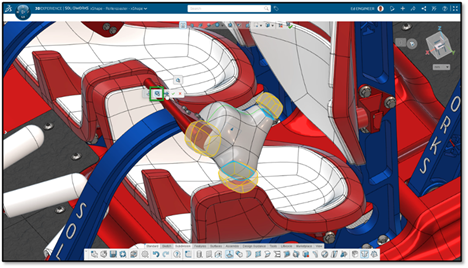 3DEXPERIENCE SOLIDWORKS showing a rollercoaster model with advanced geometry editing tools and subdivision alignment, showcasing browser-based design capabilities.