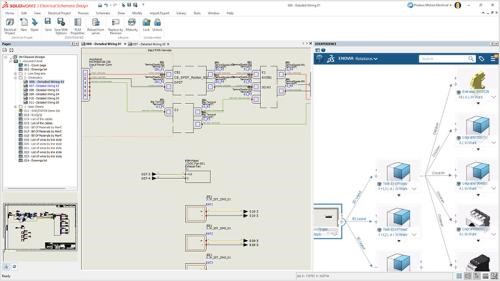 A software interface showing a SOLIDWORKS Electrical Schematic Design workspace.