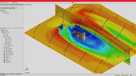 A SOLIDWORKS Flow Simulation interface displaying an aerodynamic study with colorful contour plots and vector arrows, indicating airflow over an object in a simulated environment.