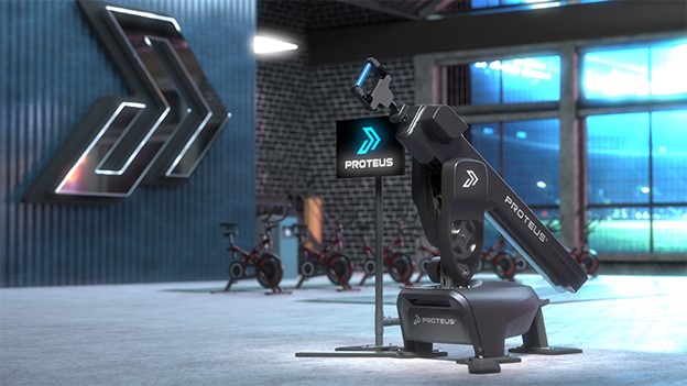 A dramatic exploded view of the Proteus robotic training machine, showcasing its internal components floating in space.