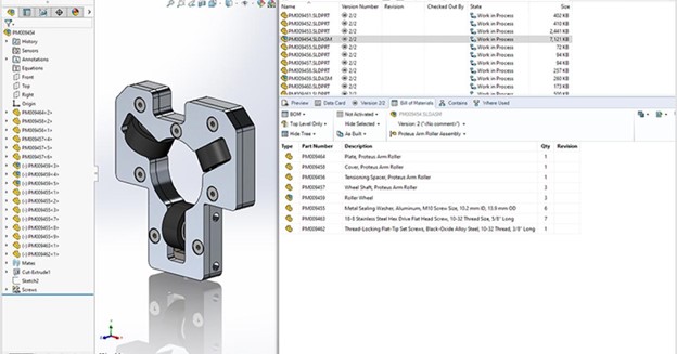 A 3D CAD assembly rendered in SOLIDWORKS, paired with a detailed SOLIDWORKS PDM file management interface.