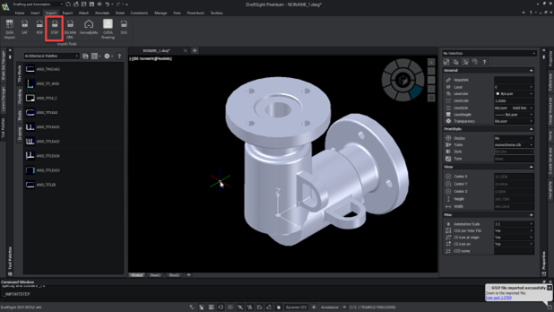 A STEP file imported into the DraftSight Premium interface, showcasing a detailed mechanical part in a realistic 3D view.