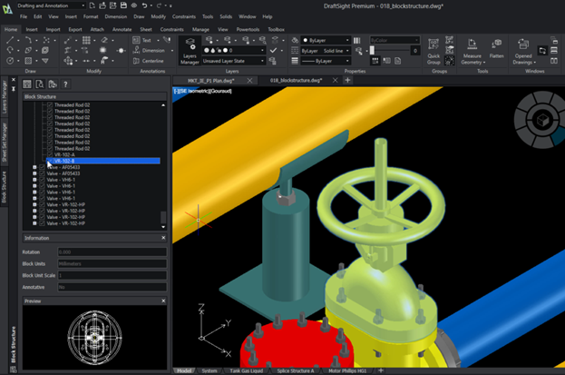 : A DraftSight model displaying a piping assembly with detailed valve components. The Block Structure Manager is open, emphasizing efficient component organization and editing within complex assemblies.