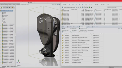 A SOLIDWORKS model of an advanced mechanical assembly alongside a detailed BOM and workflow states in the PDM interface.