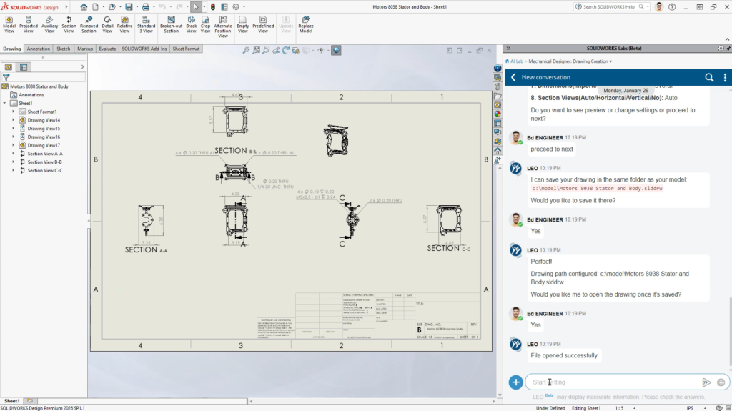 SOLIDWORKS 2026 FD02 montrant la création de mises en plan assistée par l’IA grâce à une interface conversationnelle générant et enregistrant automatiquement des dessins techniques.