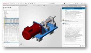 Interface SOLIDWORKS 2026 FD02 montrant l’attribution d’apparences de matériaux assistée par l’IA sur un assemblage mécanique à l’aide de requêtes en langage naturel.