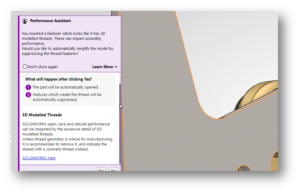 SOLIDWORKS Performance Assistant avertissant les utilisateurs au sujet des fixations filetées détaillées et recommandant une simplification automatique de la géométrie afin d’améliorer les performances des assemblages.