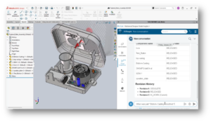 SOLIDWORKS 2026 FD02 présentant des informations sur les modèles PLM alimentées par l’IA, avec l’historique des révisions et les données du cycle de vie accessibles grâce à des requêtes en langage naturel.