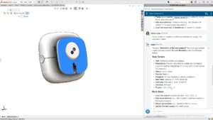 SOLIDWORKS 2026 FD02 montrant la planification de projet assistée par l’IA et la création automatique de tâches dans une interface de flux de travail PLM.