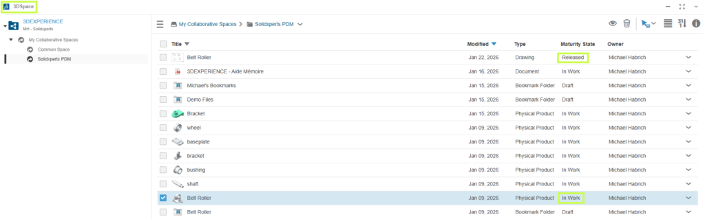3DSpace interface in the 3DEXPERIENCE platform for product data management and revision control