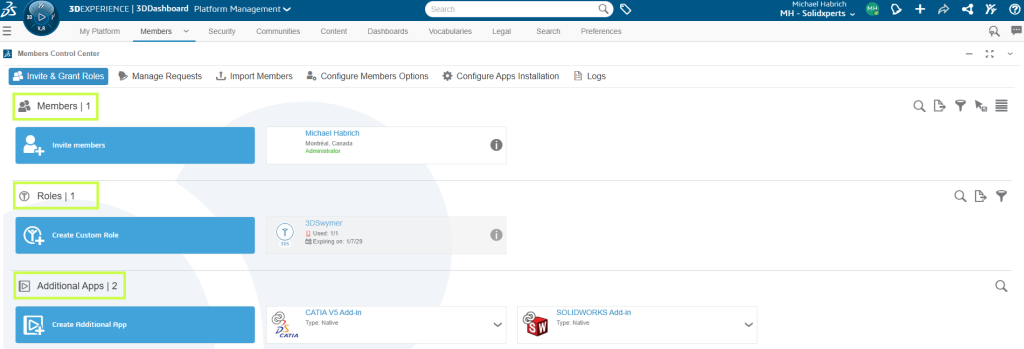 Interface Members Control Center avec options de rôles
