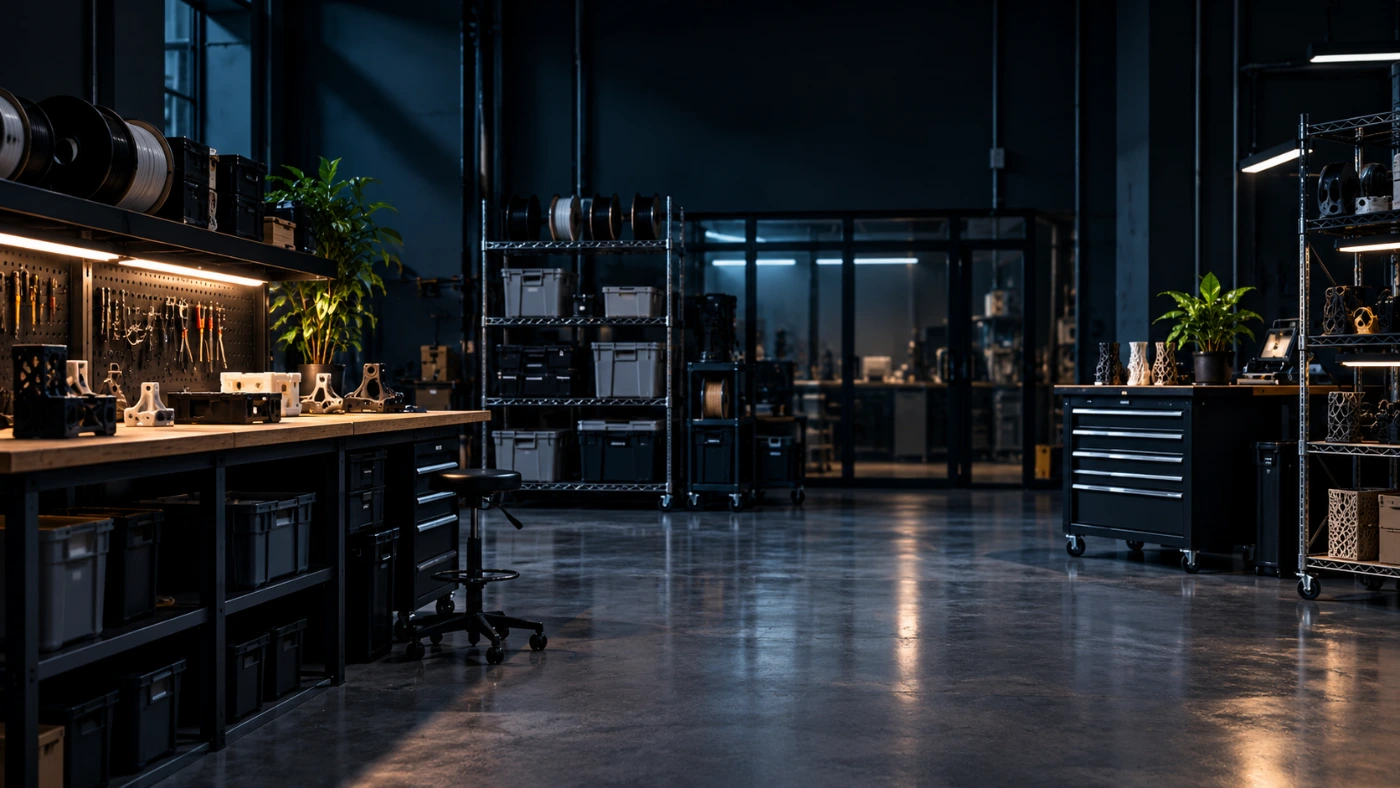Dark 3D printing lab with workbenches, filament spools, tool pegboards, printed parts on shelves and a glass-walled print room in the background