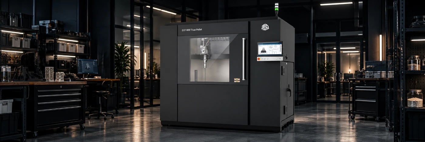 3D Systems EXT 800 Titan Pellet large format 3D printer in a dark lab, pellet jars and workbenches on both sides