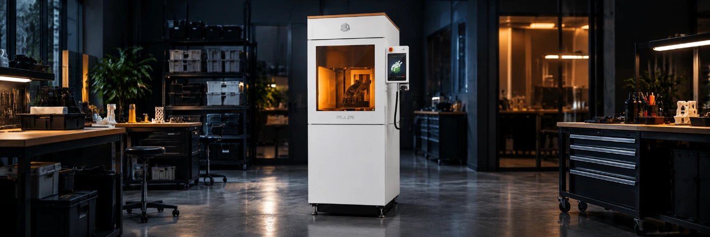 3D Systems PSLA 270 projector-based stereolithography printer with its amber build window and touchscreen, standing in a dark production lab