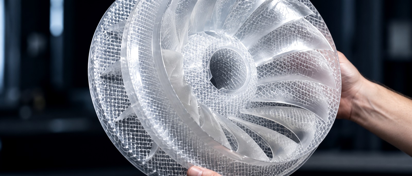 Large translucent castable resin impeller with an internal lattice structure, printed in one piece and held in two hands, ready to be used as an investment casting pattern.
